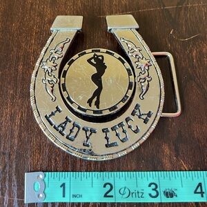 Lady Luck Horseshoe Spade Poker Chip Rotating Belt Buckle - Vintage
